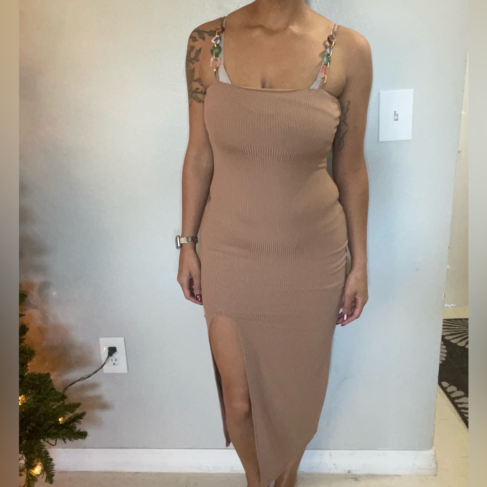 Windsor Tan Midi Dress with Bead Straps